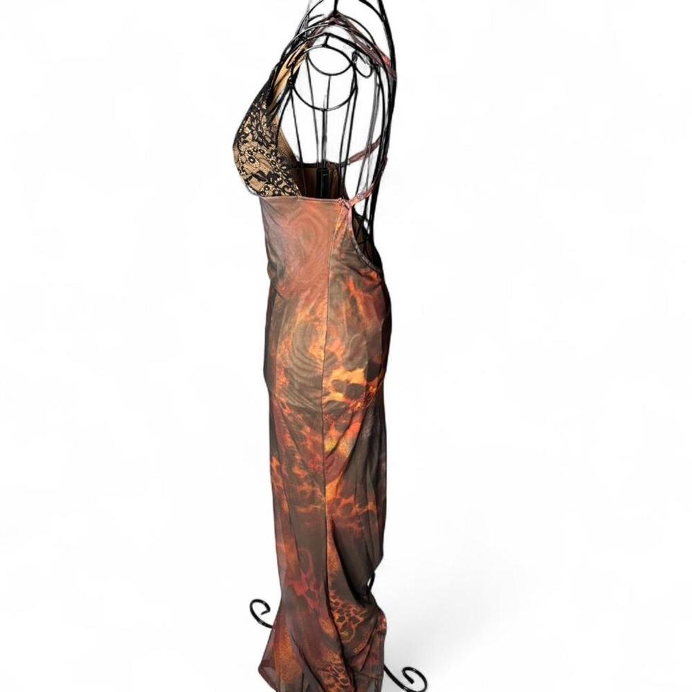 Animal Print Mesh Maxi Dress Sheer Lace Trim Bodice XS fits like a S - Picture 3 of 5